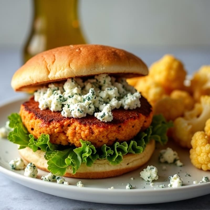 Lean Buffalo Turkey Burgers with Crumbled Blue Cheese and Roasted Cauliflower