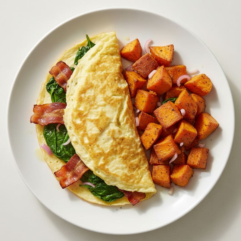 Crispy Turkey Bacon and Spinach Egg White Omelet with Roasted Sweet Potatoes