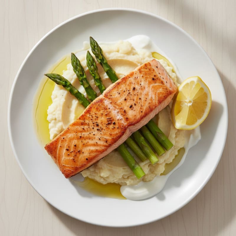 Seared Salmon Fillet with Steamed Asparagus and Cauliflower Mash