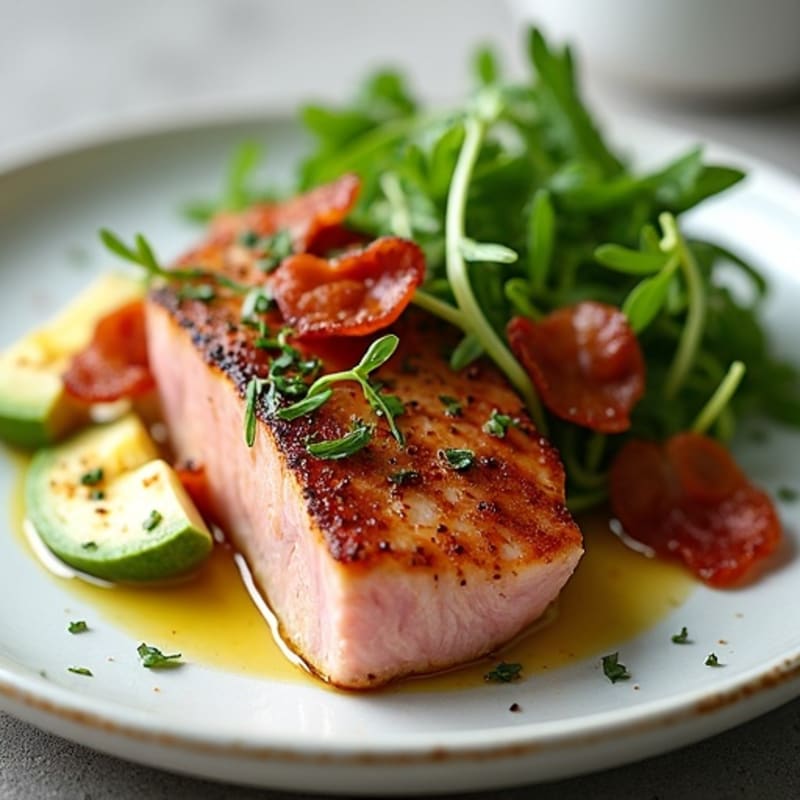 Pan-Seared Tuna with Crispy Bacon and Fresh Arugula