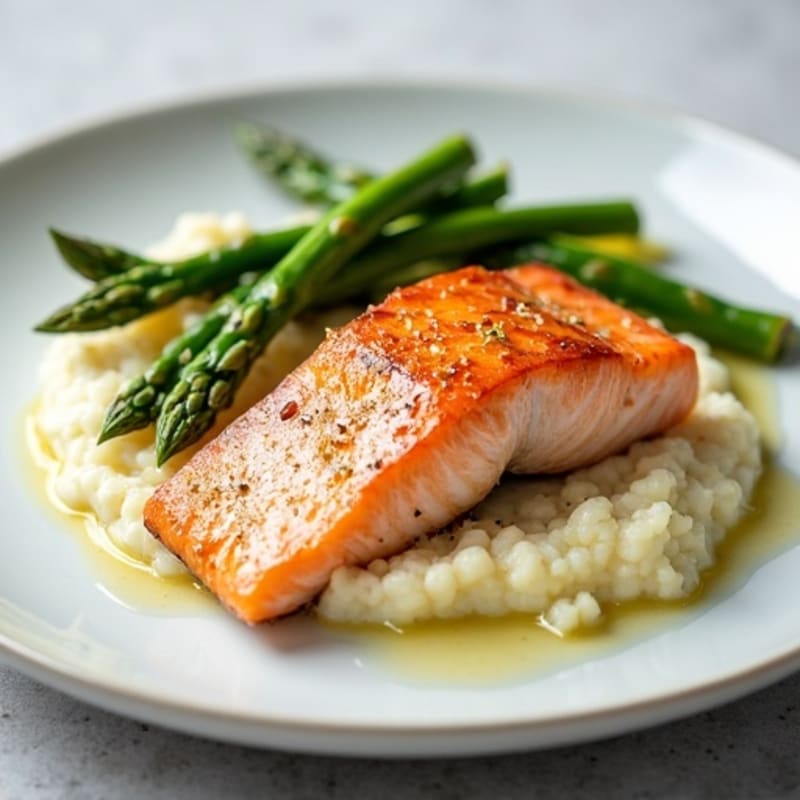 Seared Salmon Fillet with Steamed Asparagus and Cauliflower Mash