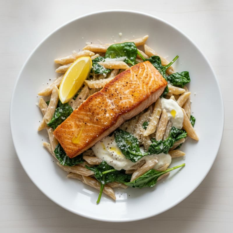 Pan-Seared Salmon with Creamy Garlic Pasta