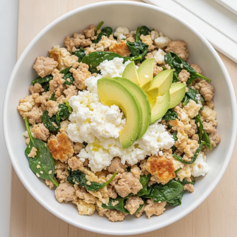 Egg White and Turkey Spinach Scramble with Cottage Cheese