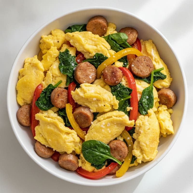 Scrambled Eggs with Chicken Sausage and Spinach