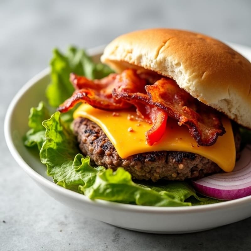 Lean Beef Cheeseburger Bowl with Crispy Bacon and Roasted Vegetables