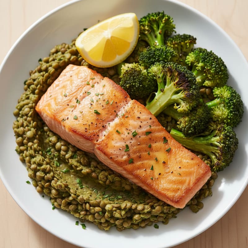 Seared Salmon Fillet with Garlic Herb Lentil Mash and Roasted Broccoli