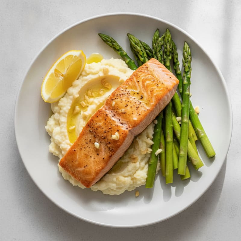 Seared Salmon with Steamed Asparagus and Garlic Mashed Cauliflower