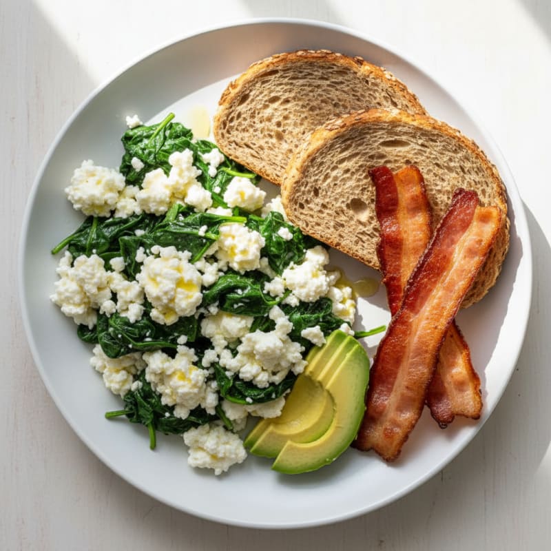 Egg White and Spinach Scramble with Cottage Cheese and Turkey Bacon