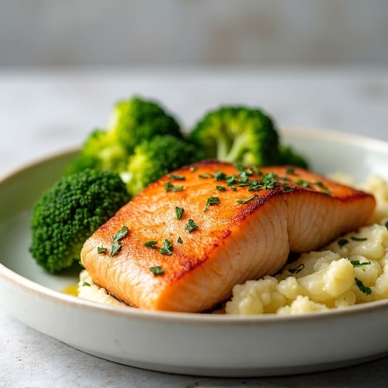 Seared Salmon with Steamed Broccoli and Garlic Cauliflower Mash