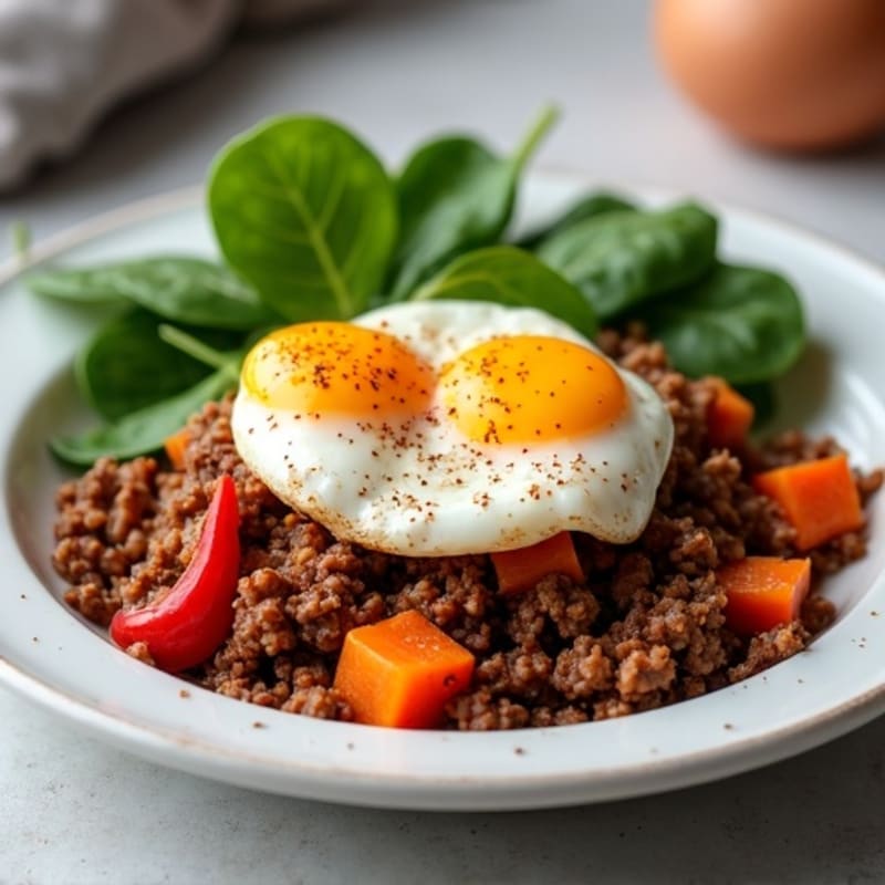 Spiced Ground Beef and Roasted Sweet Potato Hash