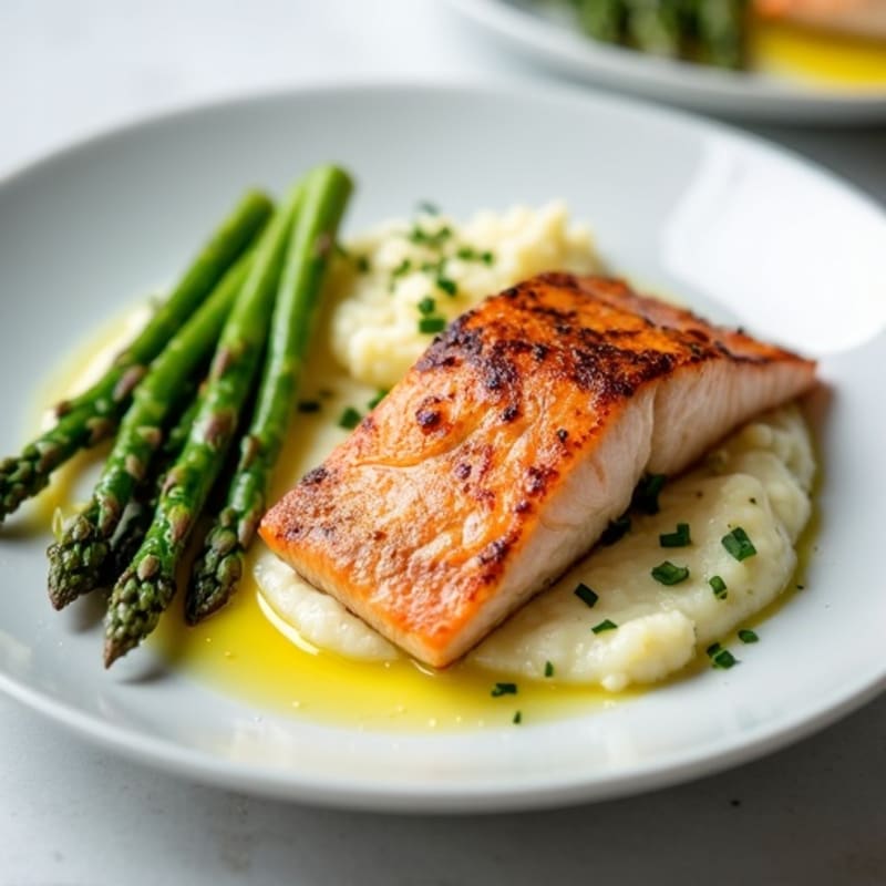 Seared Salmon with Steamed Asparagus and Cauliflower Mash