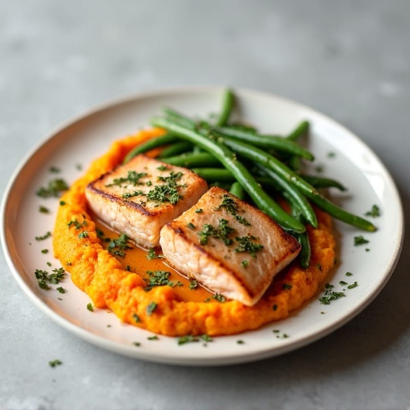 Seared Salmon Filet with Garlic Green Beans and Sweet Potato Mash