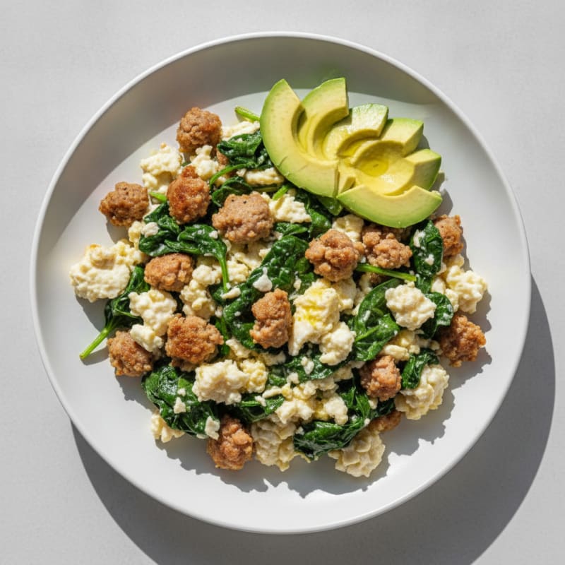 Scrambled Egg Whites with Turkey Sausage and Sautéed Spinach