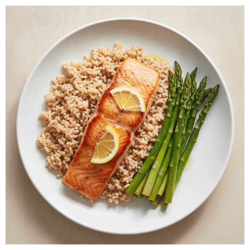 Seared Salmon Fillet with Steamed Asparagus and Brown Rice