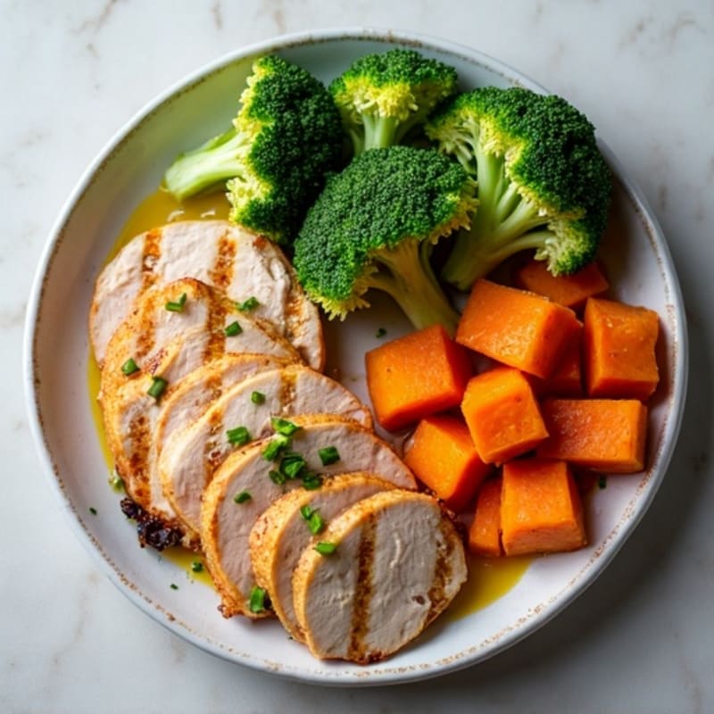 Grilled Turkey Breast with Roasted Sweet Potatoes and Broccoli