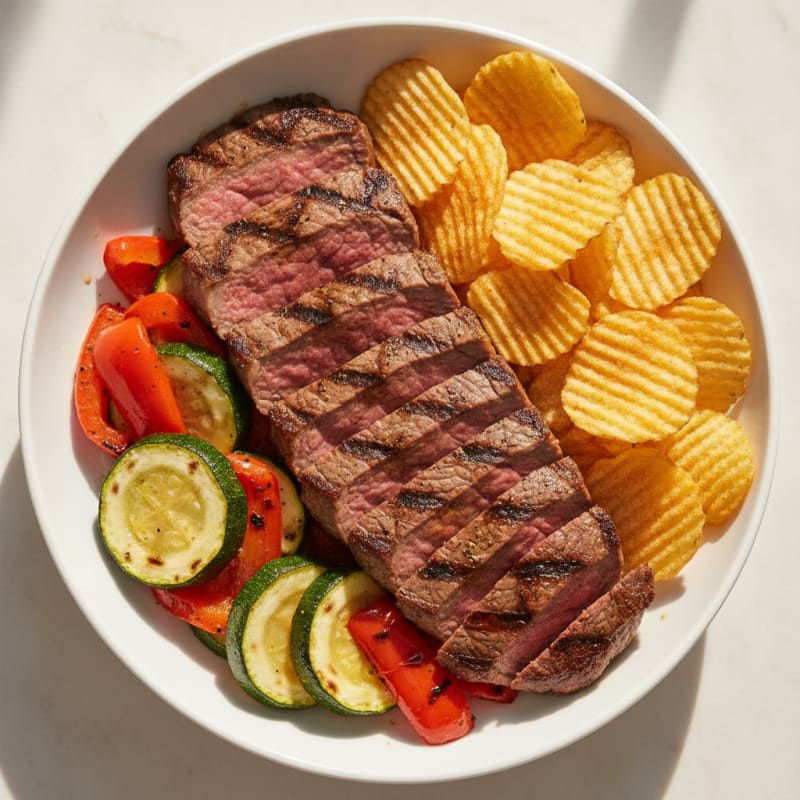 Grilled Steak and Roasted Vegetable Bowl with Potato Chips