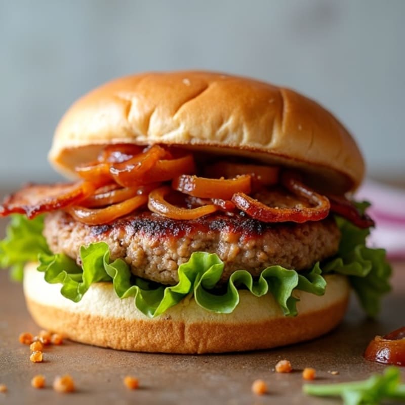 Lean Turkey Bacon Burger with Caramelized Onions