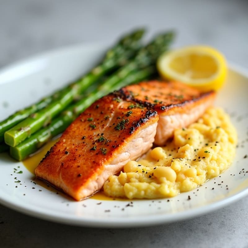Seared Salmon with Chickpea Mash and Steamed Asparagus