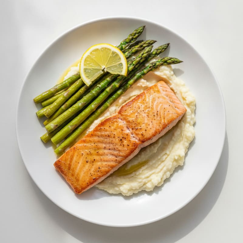 Seared Salmon Filet with Roasted Asparagus and Cauliflower Mash