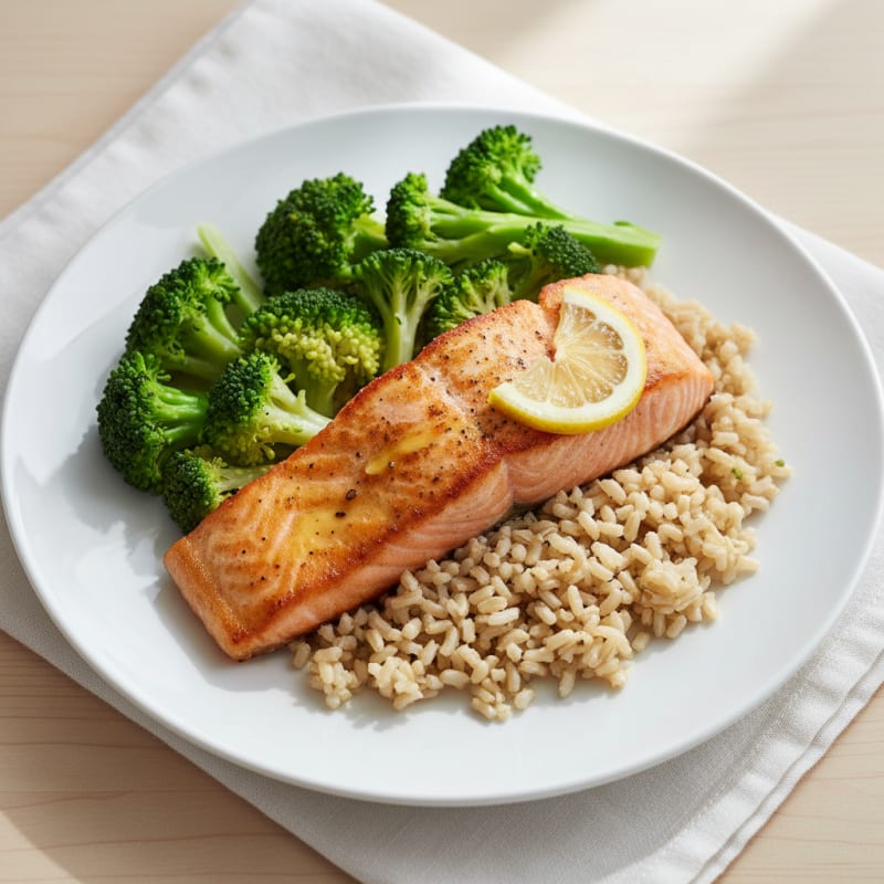 Seared Salmon with Steamed Broccoli and Brown Rice