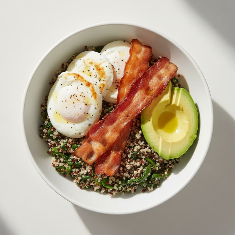 Crispy Turkey Bacon and Egg White Breakfast Bowl with Sautéed Spinach