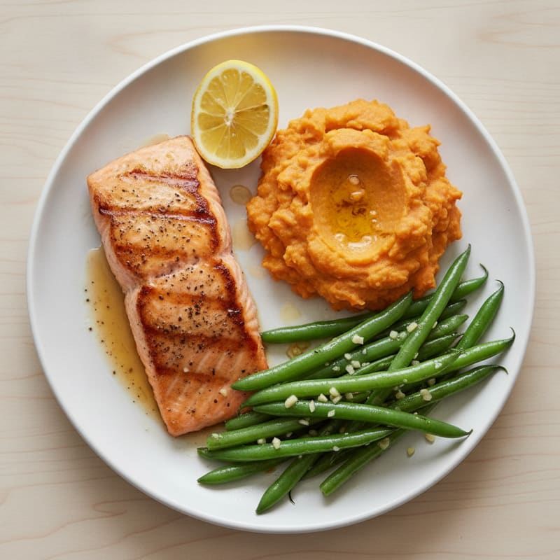 Seared Salmon with Garlic Green Beans and Sweet Potato Mash