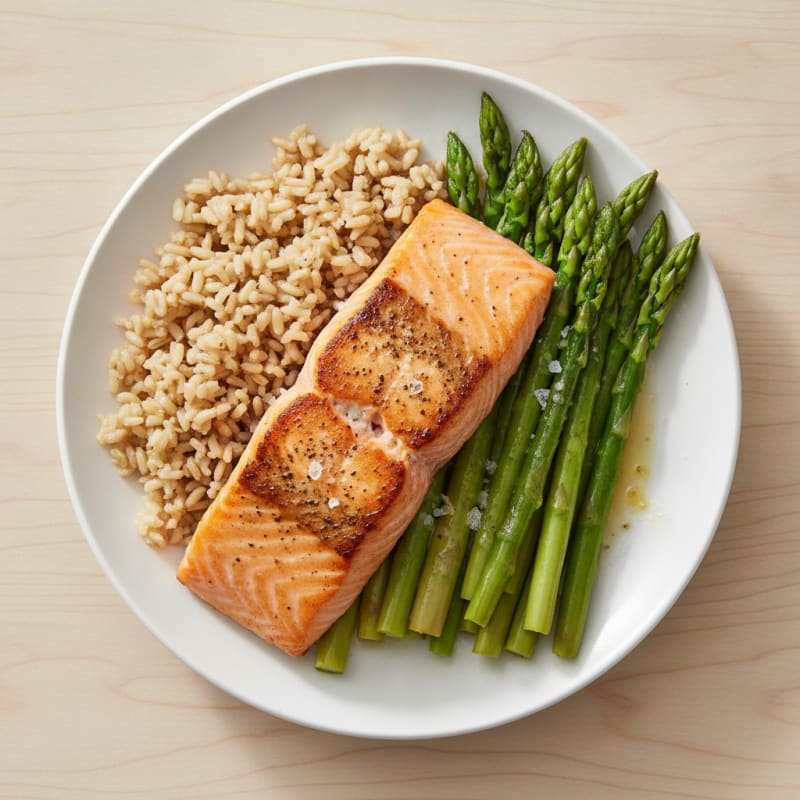 Seared Salmon with Steamed Asparagus and Brown Rice