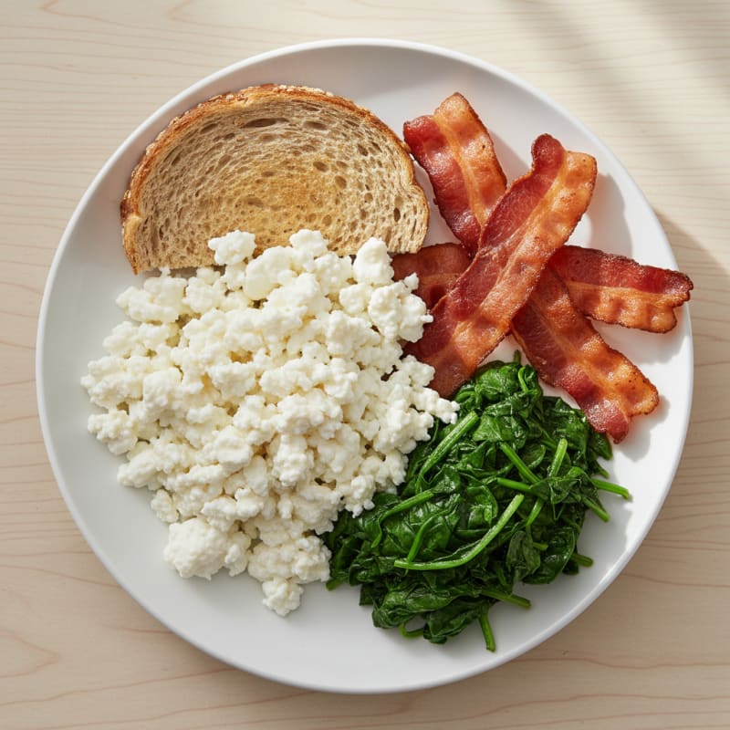 Egg White and Cottage Cheese Scramble with Sautéed Spinach and Turkey Bacon