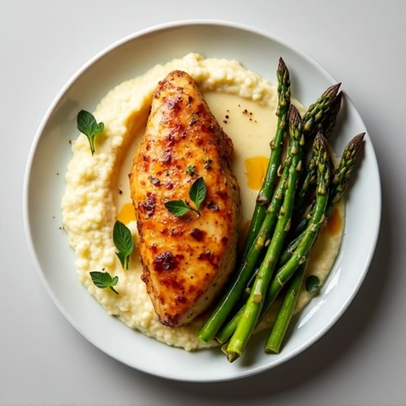 Maple-Mustard Glazed Chicken with Creamy Cauliflower Puree and Roasted Asparagus