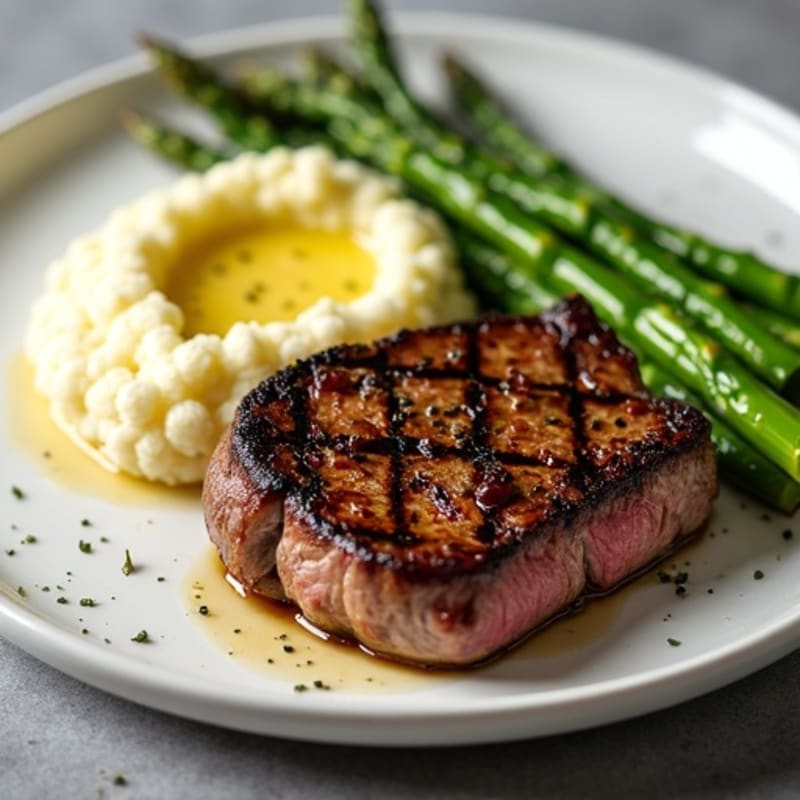 Seared Sirloin Steak with Steamed Asparagus and Cauliflower Mash