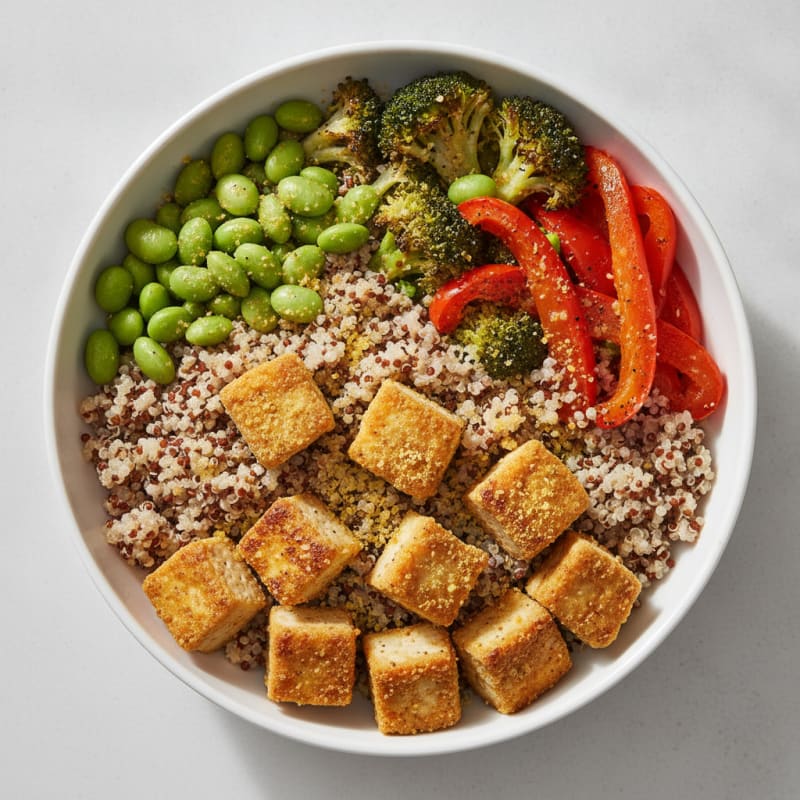 Crispy Tofu and Quinoa Power Bowl with Roasted Vegetables