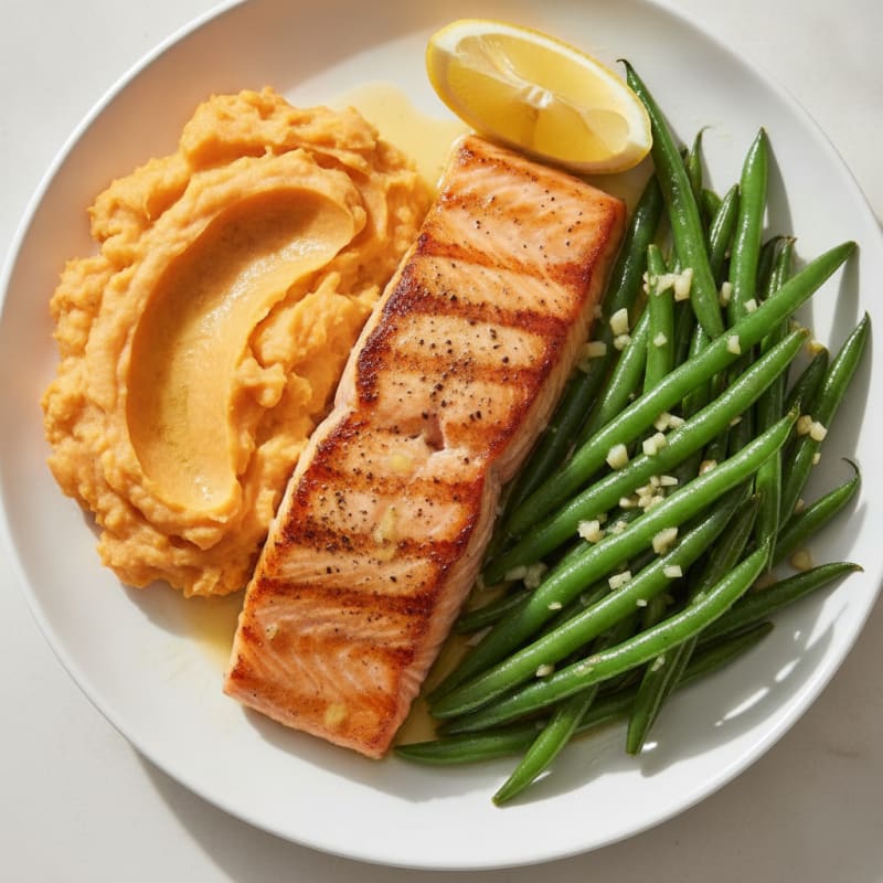 Seared Salmon with Garlic Green Beans and Mashed Sweet Potato