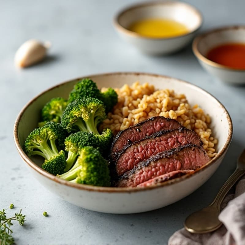 Seared Garlic Ginger Beef with Crispy Roasted Broccoli and Brown Rice