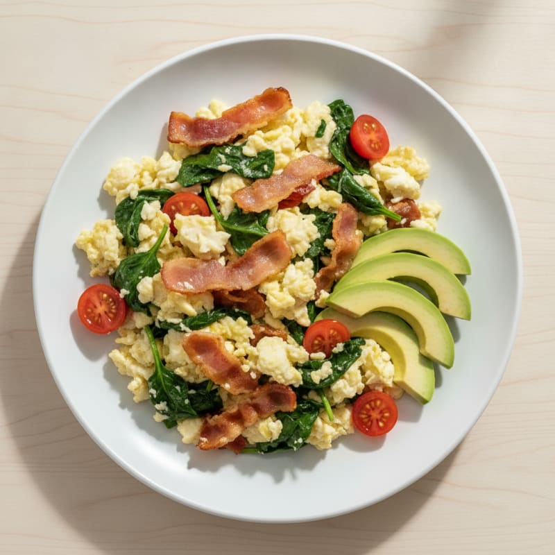 Crispy Turkey Bacon Egg White Scramble with Sautéed Spinach