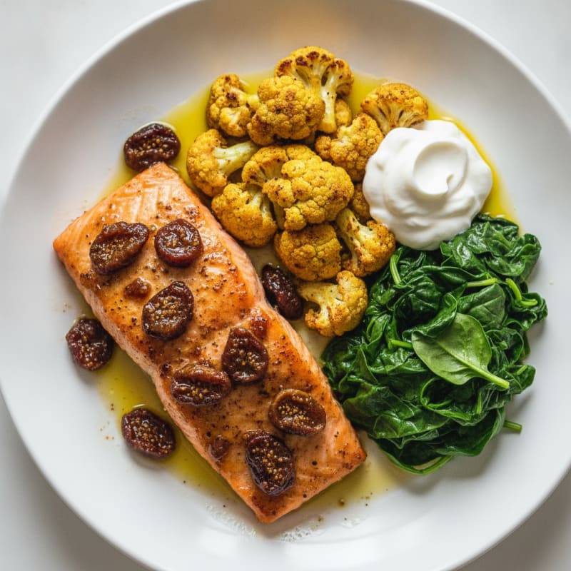 Herb-Roasted Salmon with Indian-Spiced Cauliflower and Spinach