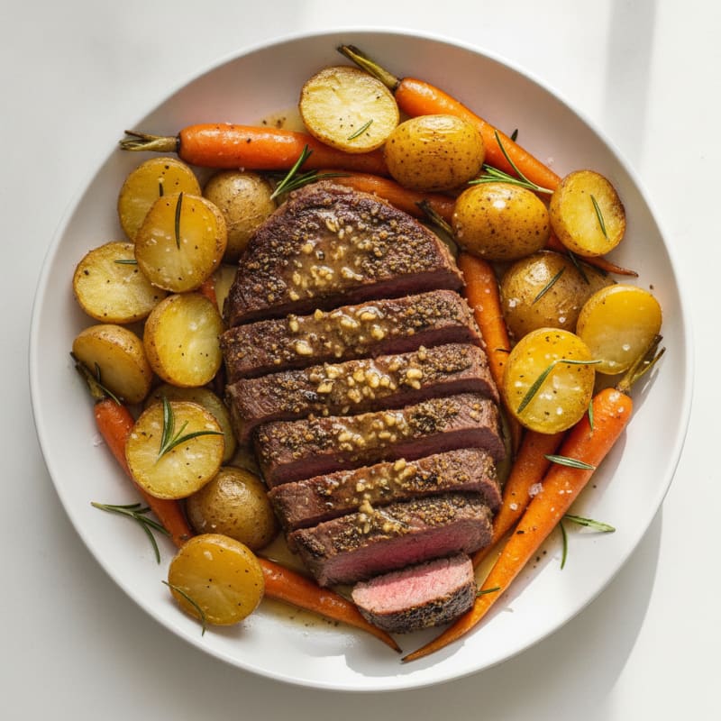 Garlic Herb Steak with Roasted Carrots and Potatoes