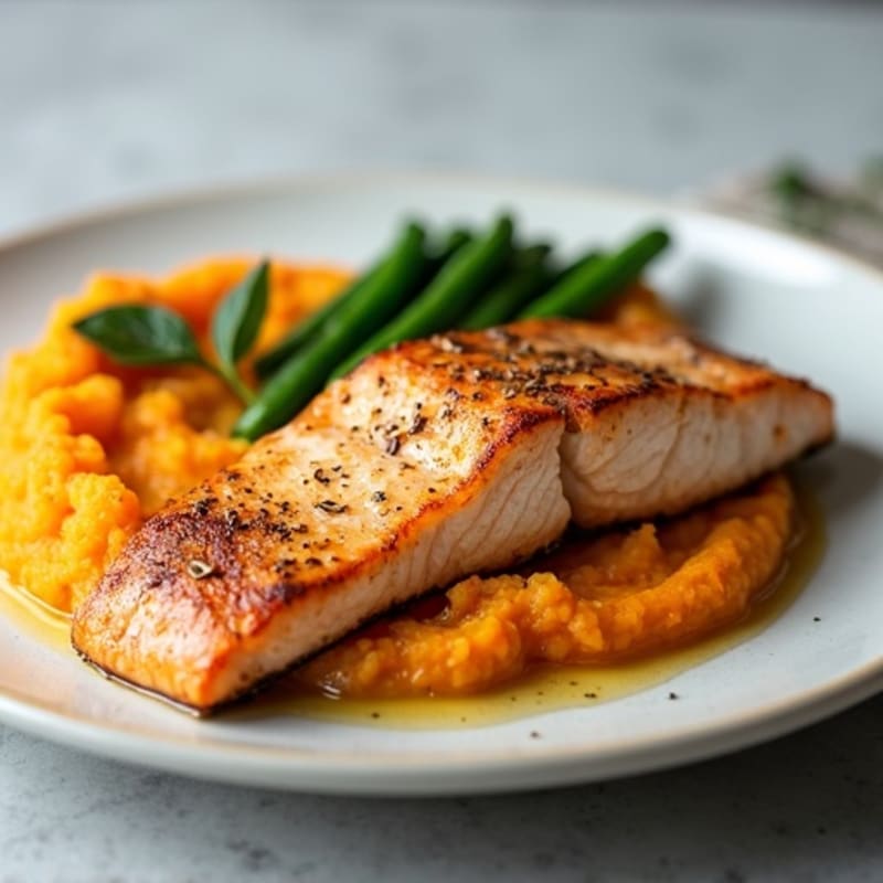 Seared Salmon Fillet with Steamed Green Beans and Sweet Potato Mash