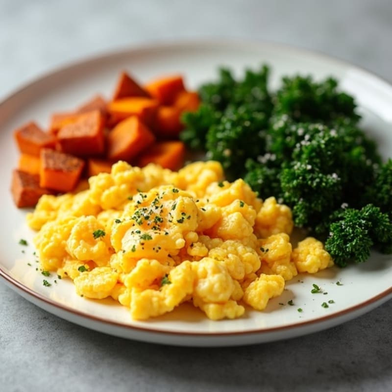 Scrambled Eggs with Crispy Sweet Potatoes and Sautéed Kale