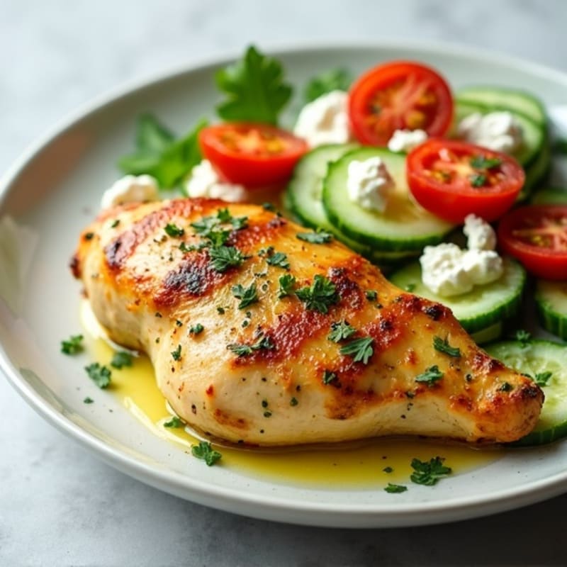 Lemon Herb Roasted Chicken with Fresh Cucumber Tomato Feta Salad