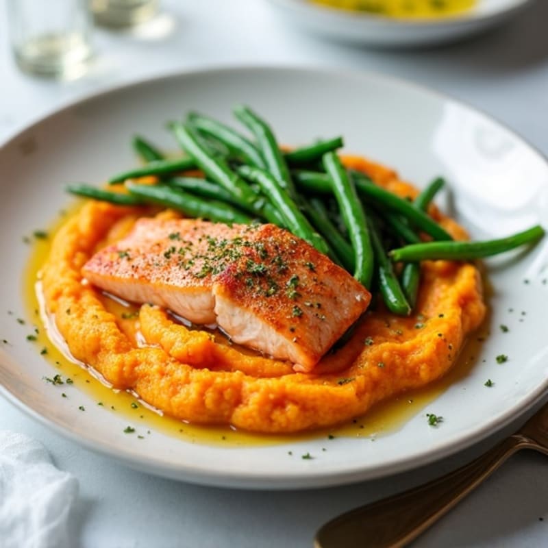 Pan-Seared Salmon with Garlic Green Beans and Sweet Potato Mash