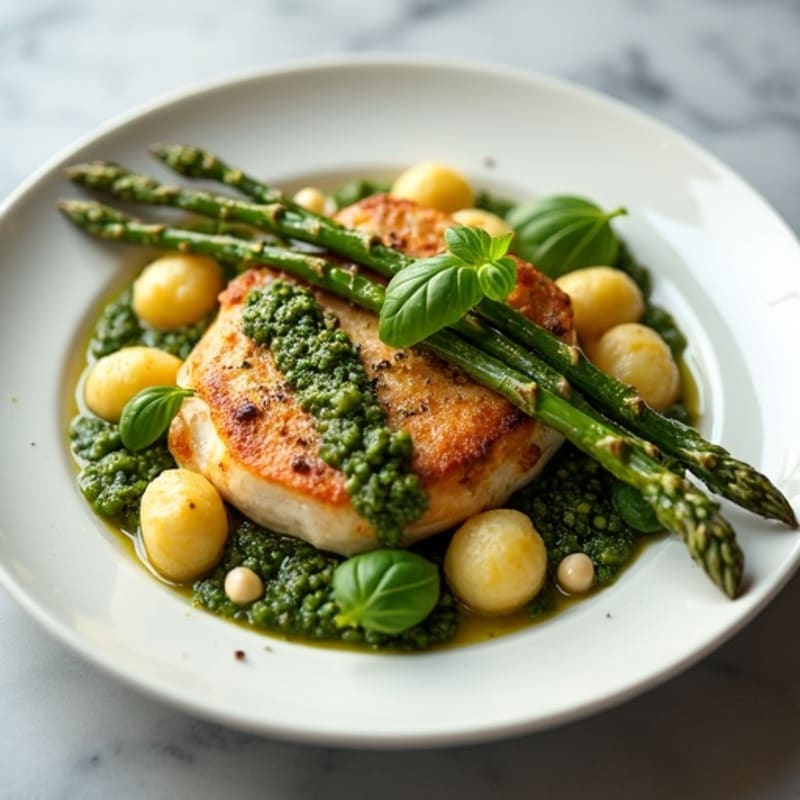 Gnocchi with Pan-Seared Chicken, Fresh Basil Pesto, and Roasted Asparagus