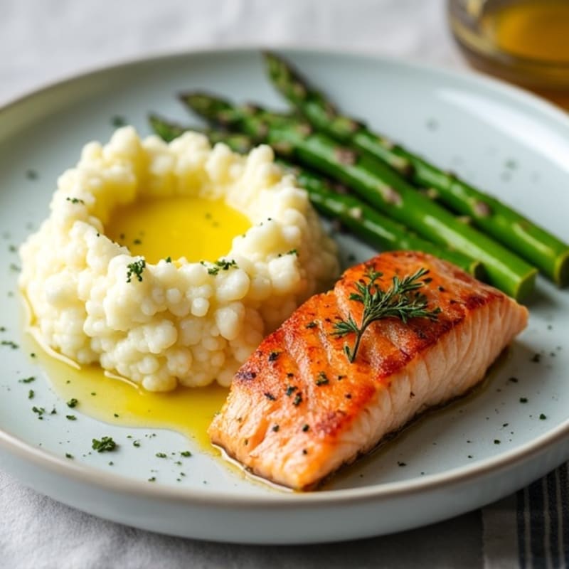 Seared Salmon with Steamed Asparagus and Cauliflower Mash