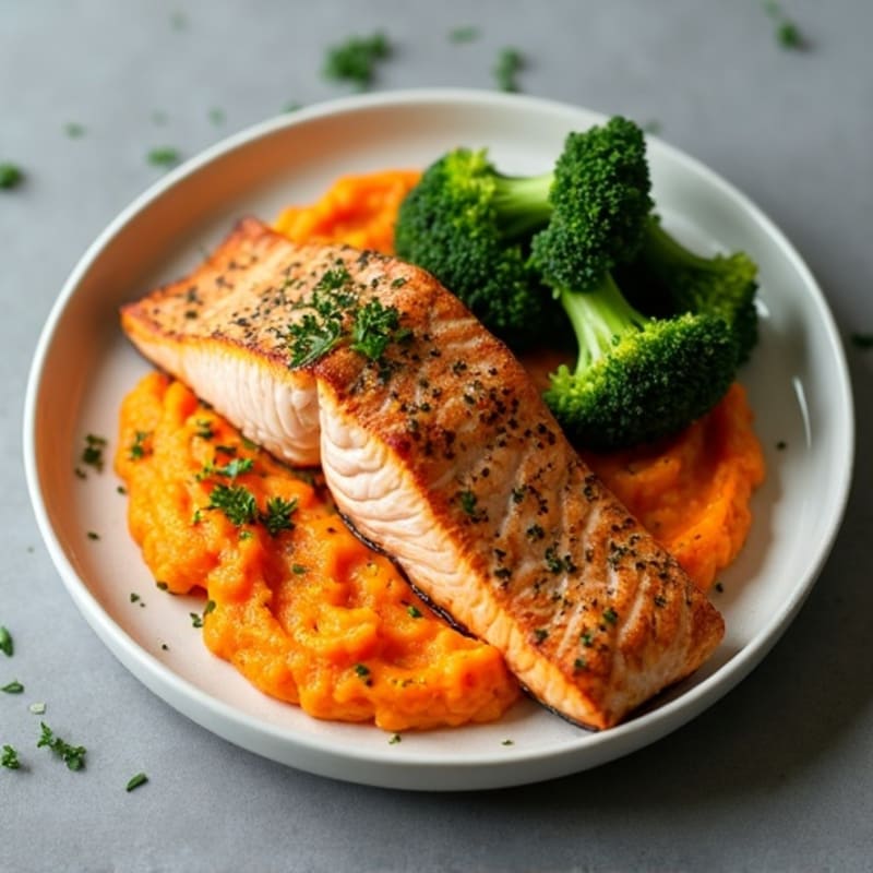 Seared Salmon with Roasted Broccoli and Sweet Potato Mash