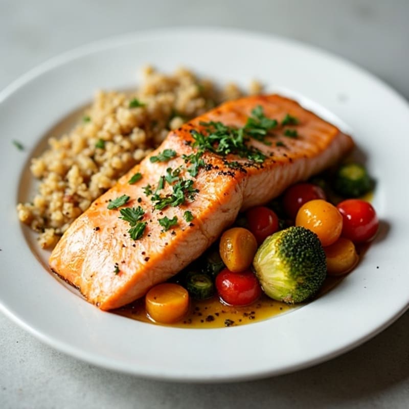 Seared Salmon Fillet with Herb Roasted Vegetables and Quinoa