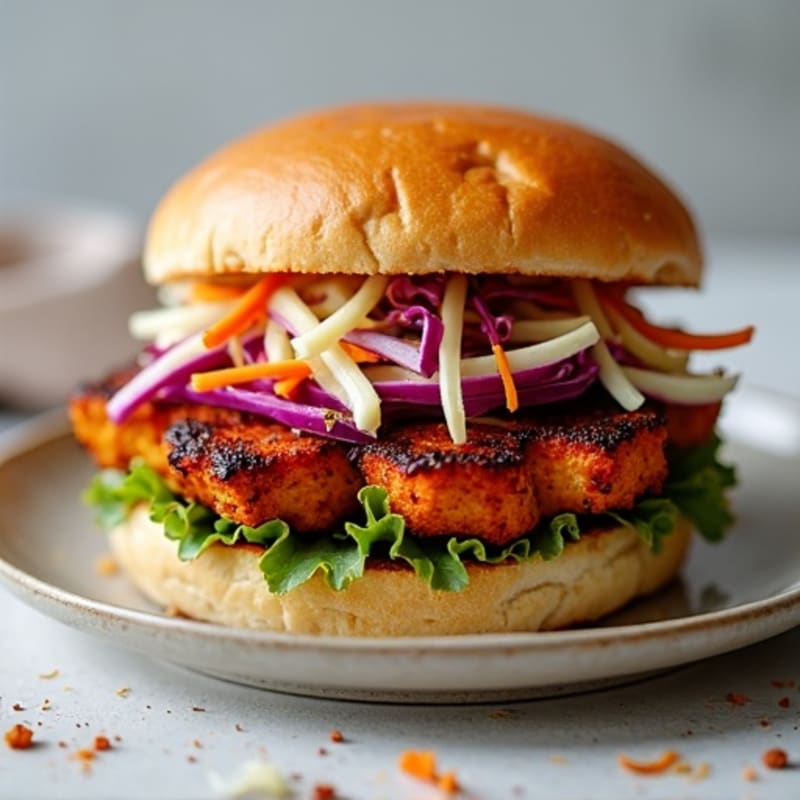 Crispy Smoky BBQ Tempeh Sandwich with Crunchy Slaw