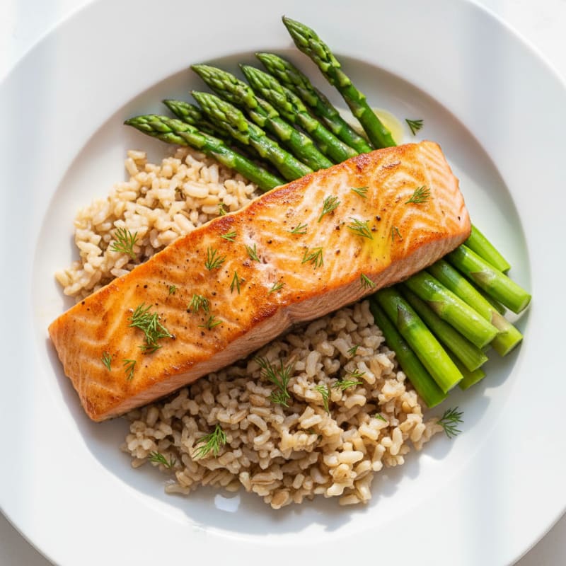 Seared Salmon Fillet with Steamed Asparagus and Brown Rice