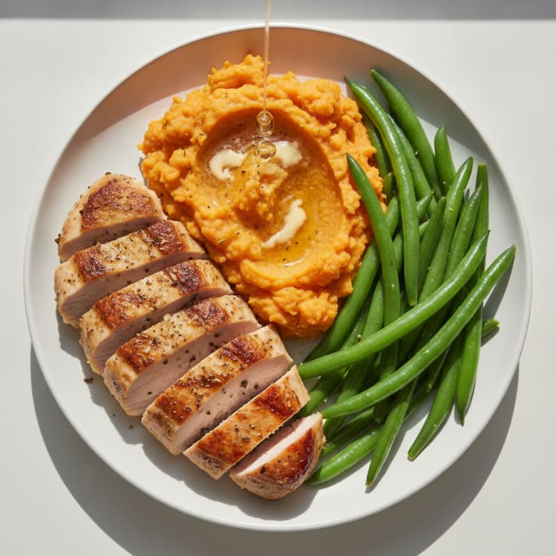 Seared Turkey Breast with Steamed Green Beans and Sweet Potato Mash