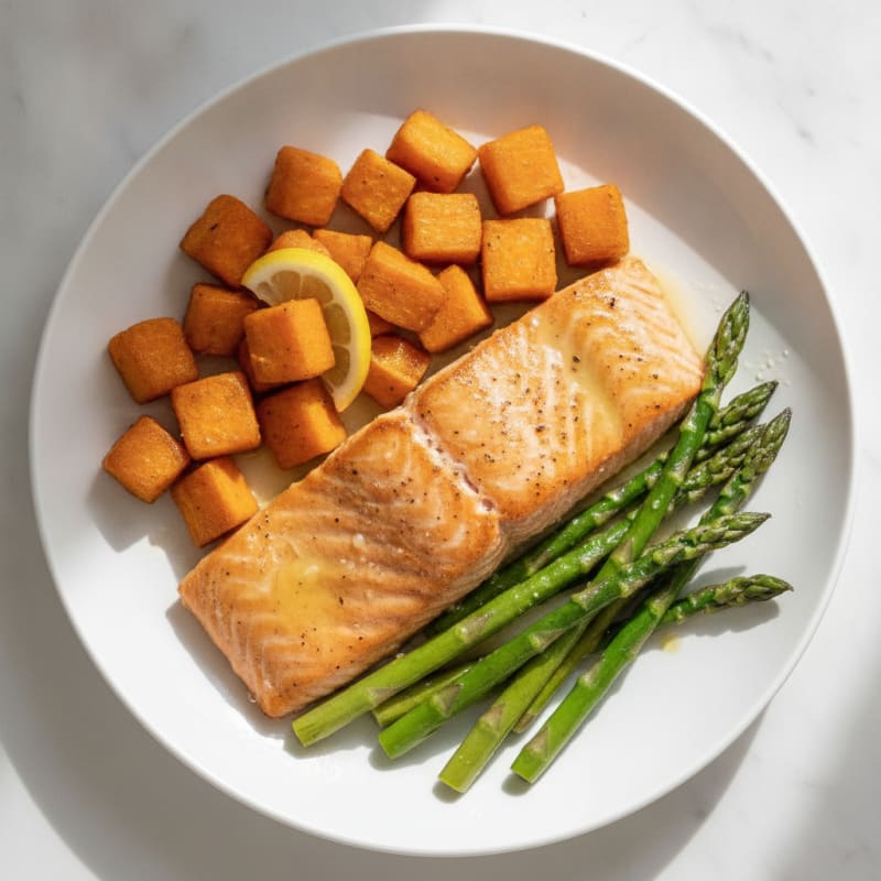 Seared Salmon Fillet with Roasted Sweet Potato and Asparagus