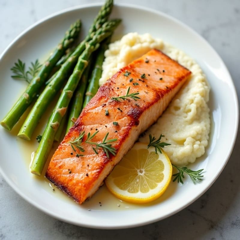 Seared Salmon with Steamed Asparagus and Cauliflower Mash