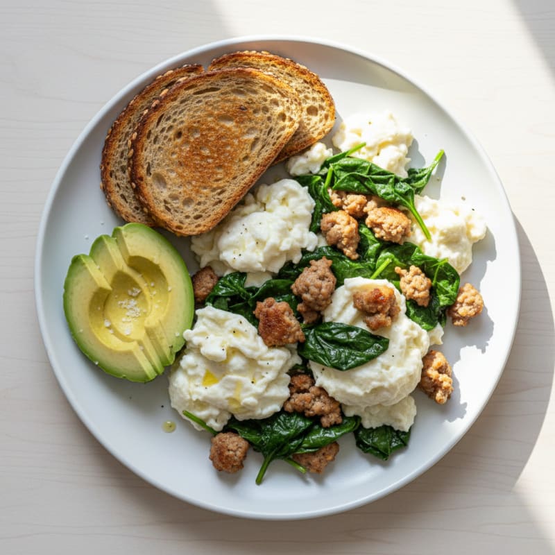 Egg White Scramble with Turkey Sausage and Sautéed Spinach